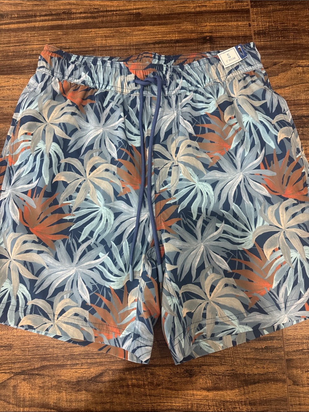 Men's Tropical Print Swim Trunks in Blue and Rust